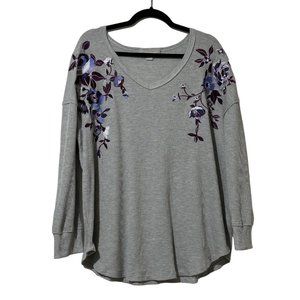 Woman Within size L gray with purple embroidered floral thermal weave top FLAW